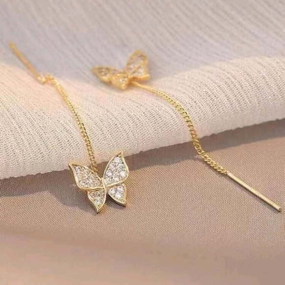 NEW Gold Plated Butterfly Diamond Threader Earrings - Picture 4 of 4